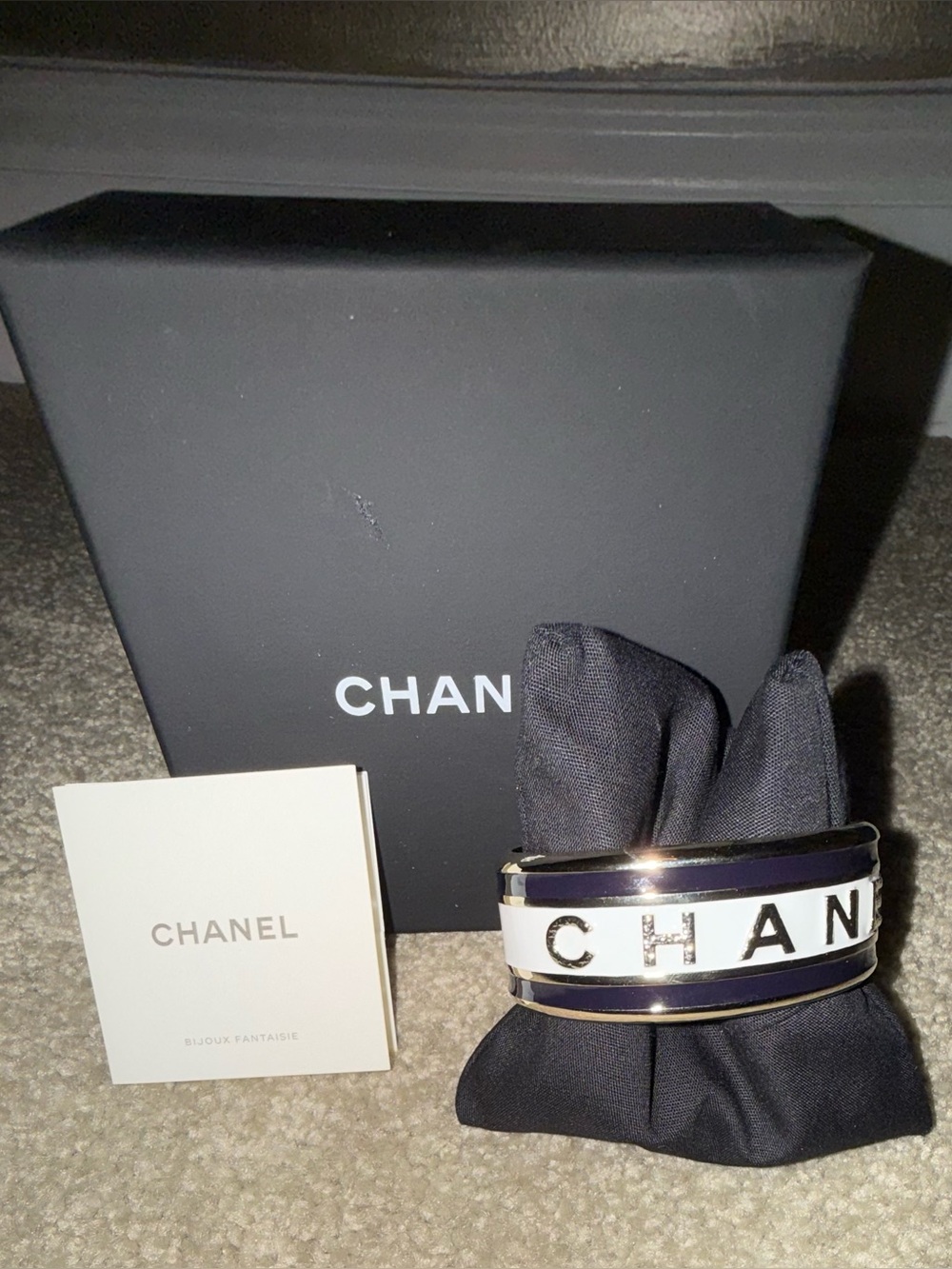 CHANEL AUTHENTIC Black, White & Gold Logo Enamel Cuff Bracelet “NEW”